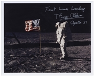 Buzz Aldrin Signed 10'' x 8'' ''First Lunar Landing'' Photo -- Aldrin Stands in Front of the U.S. Flag on the Moon